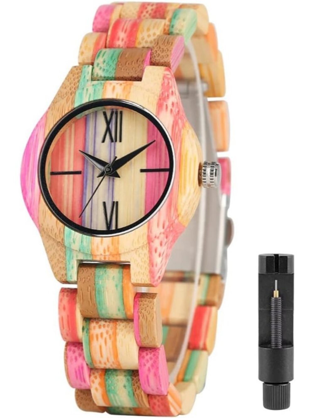 Women's Multi Colorful Analog Quartz Skeletonized Bamboo Classic Wooden Watch